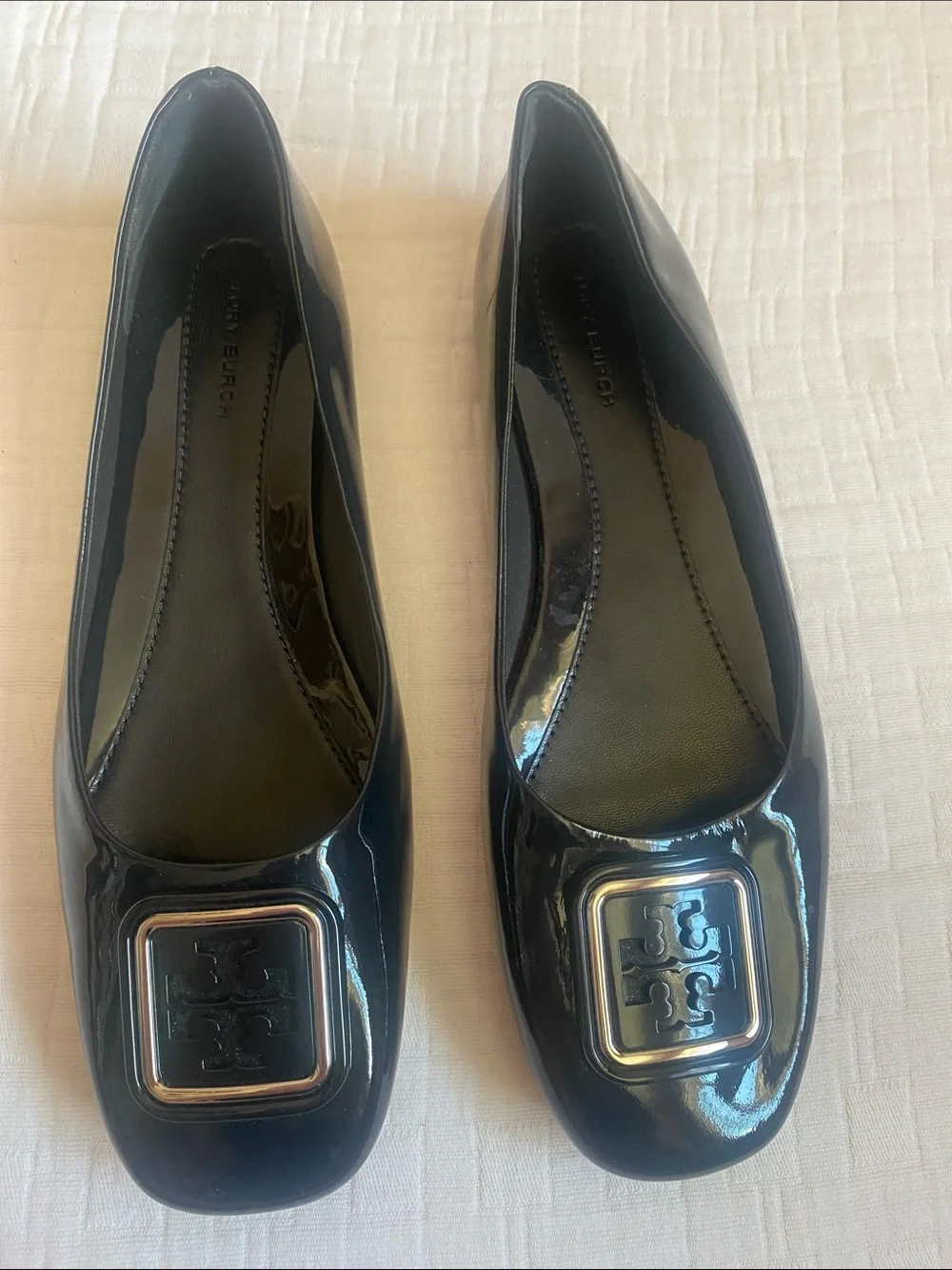 TORY BURCH  Dark Blue Patent Leather Logo Square-Toe Ballet Flats
